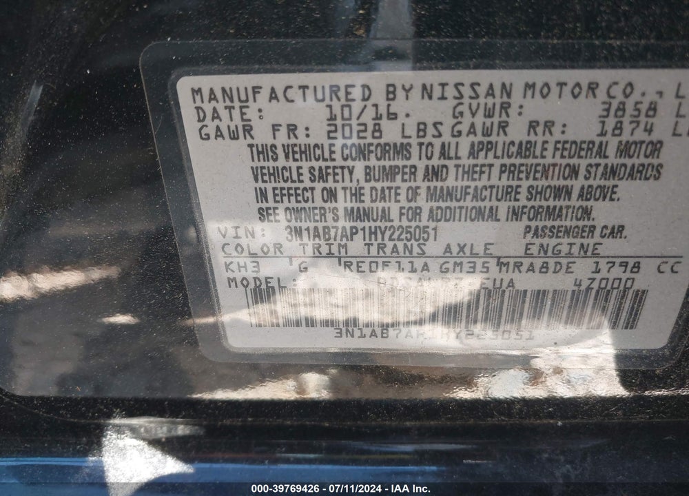 2017 NISSAN SENTRA SR VIN: 3N1AB7AP1HY225051