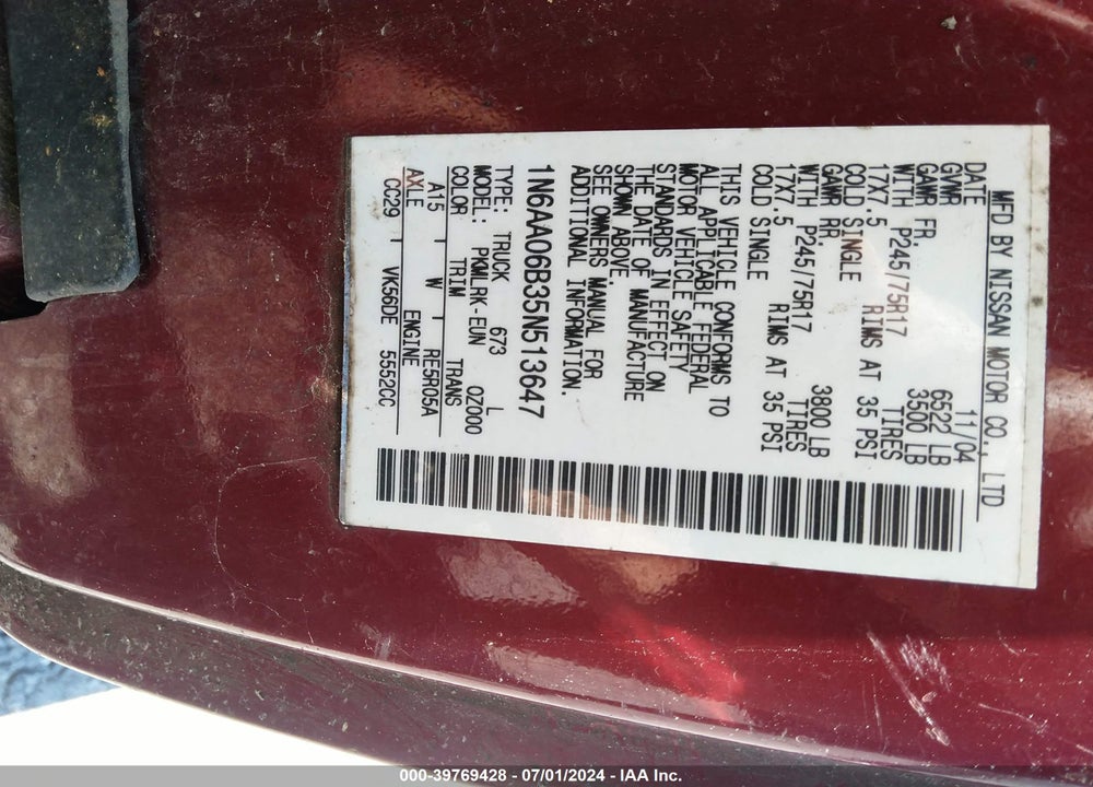 2005 NISSAN TITAN XE VIN: 1N6AA06B35N513647