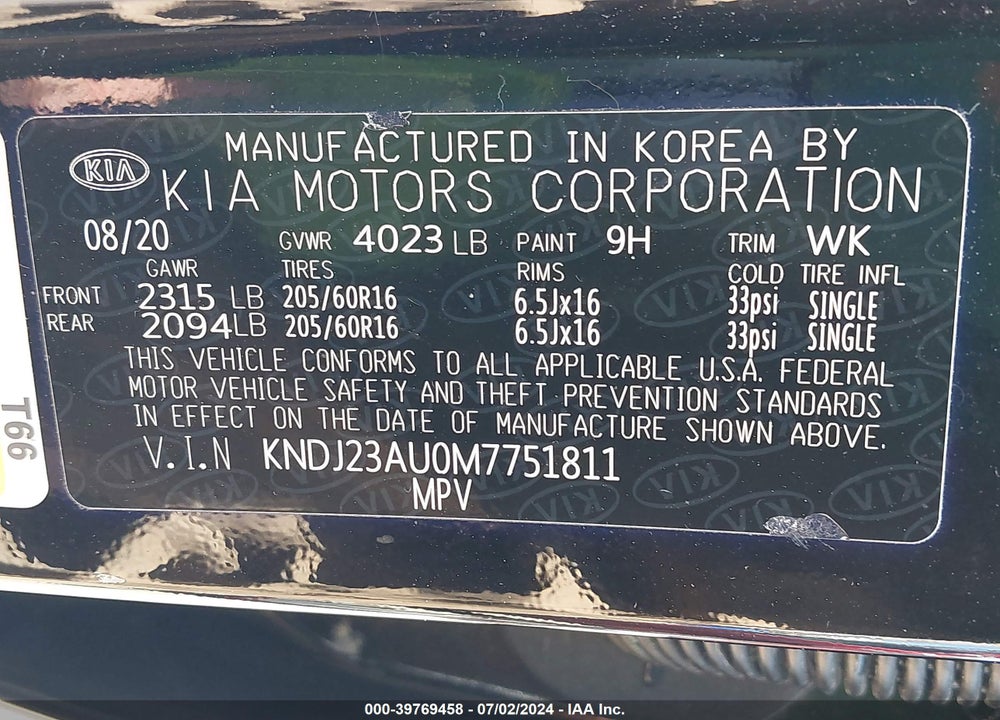 2021 KIA SOUL !/+/S VIN: KNDJ23AU0M7751811
