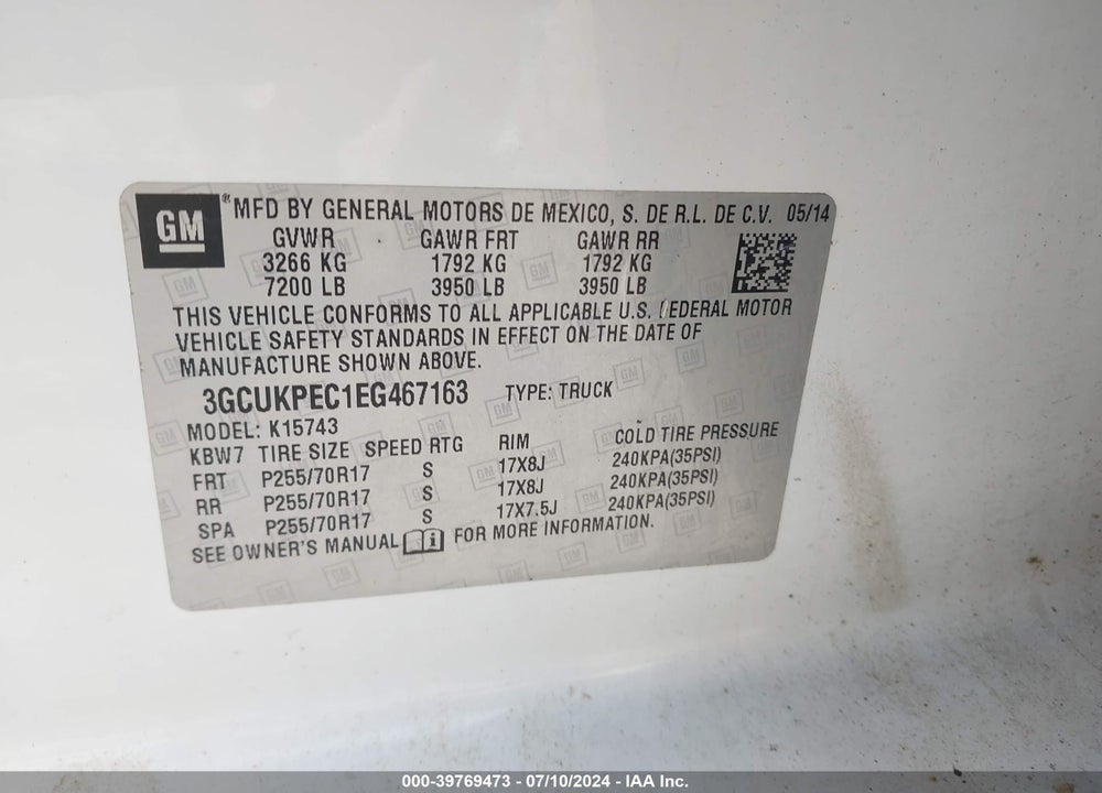 2014 CHEVROLET SILVERADO 1500 WORK TRUCK 1WT VIN: 3GCUKPEC1EG467163