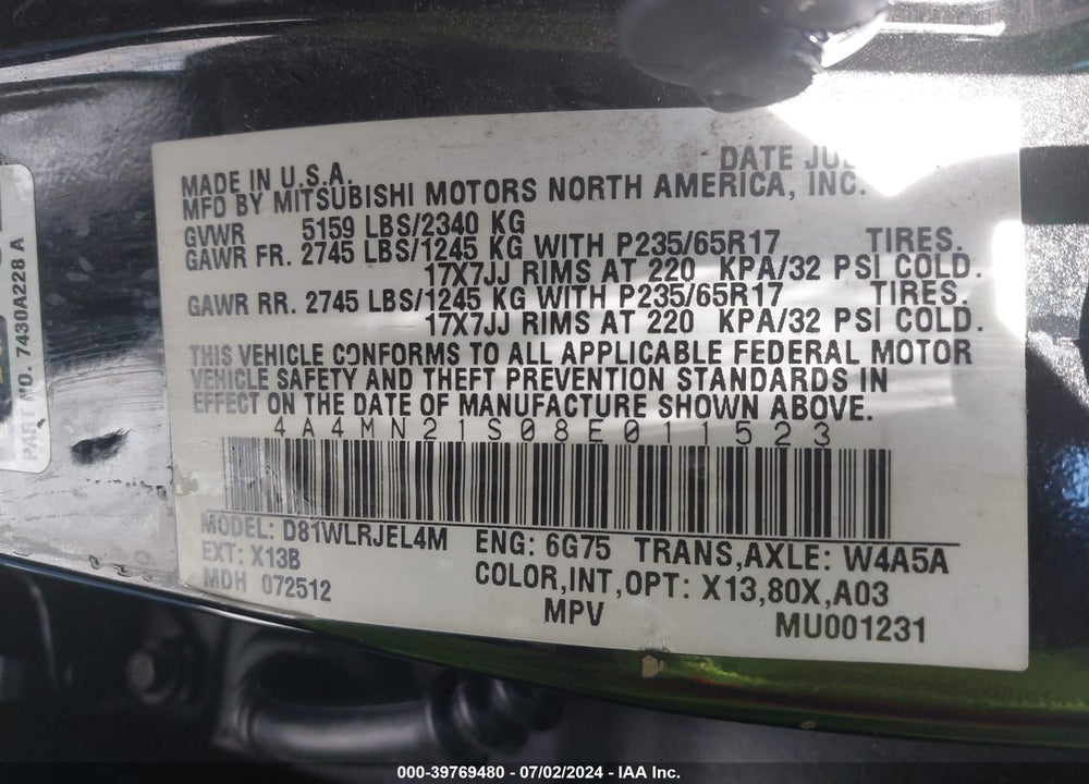 2008 MITSUBISHI ENDEAVOR LS VIN: 4A4MN21S08E011523