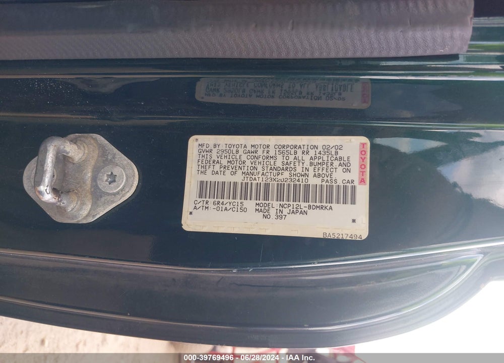 2002 TOYOTA ECHO VIN: JTDAT123X20232410