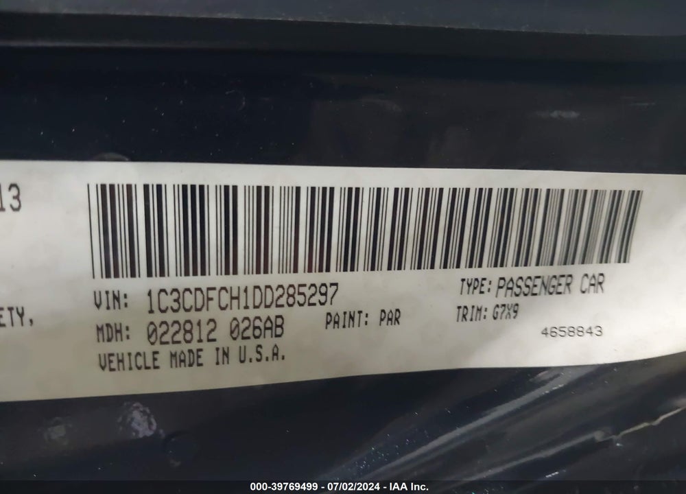 2013 DODGE DART LIMITED VIN: 1C3CDFCH1DD285297