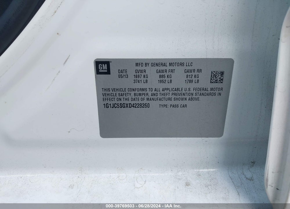 2013 CHEVROLET SONIC LT AUTO VIN: 1G1JC5SGXD4228260