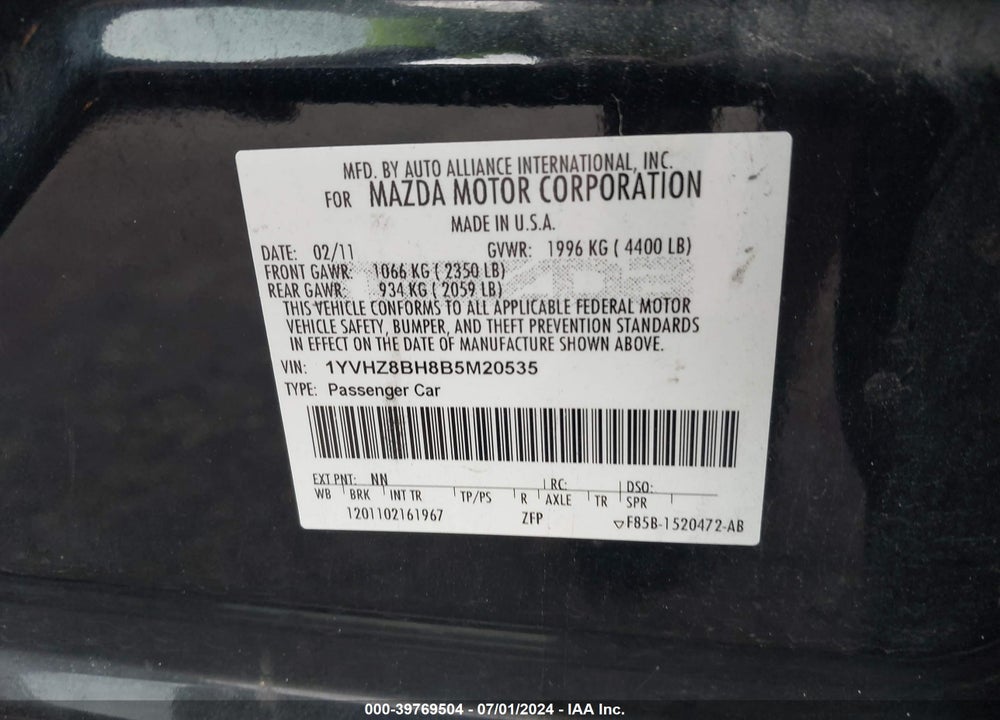 2011 MAZDA 6 I SPORT VIN: 1YVHZ8BH8B5M20535