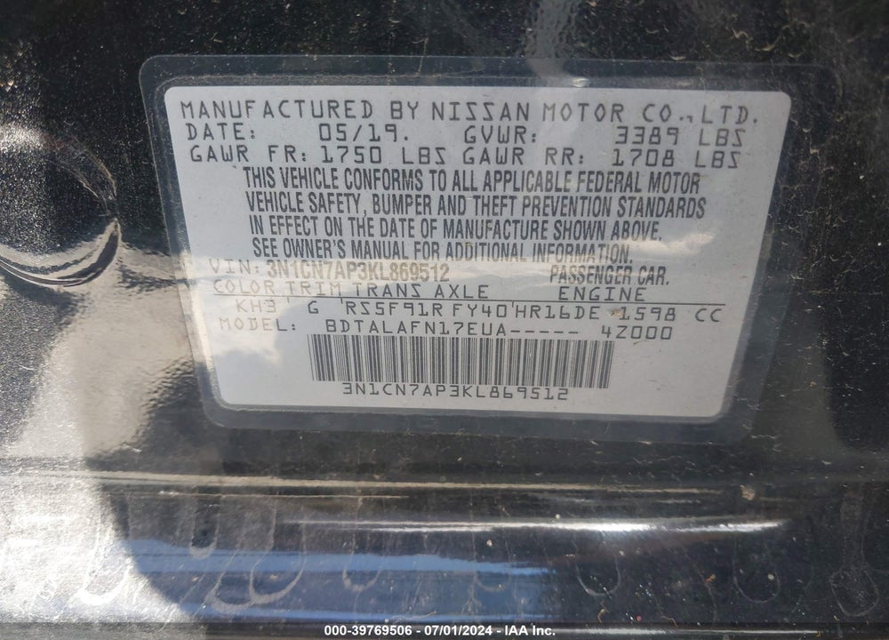 2019 NISSAN VERSA 1.6 S+ VIN: 3N1CN7AP3KL869512