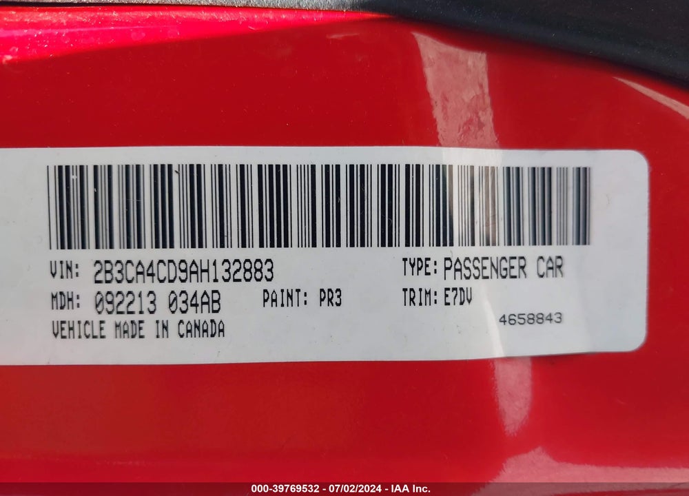 2010 DODGE CHARGER VIN: 2B3CA4CD9AH132883