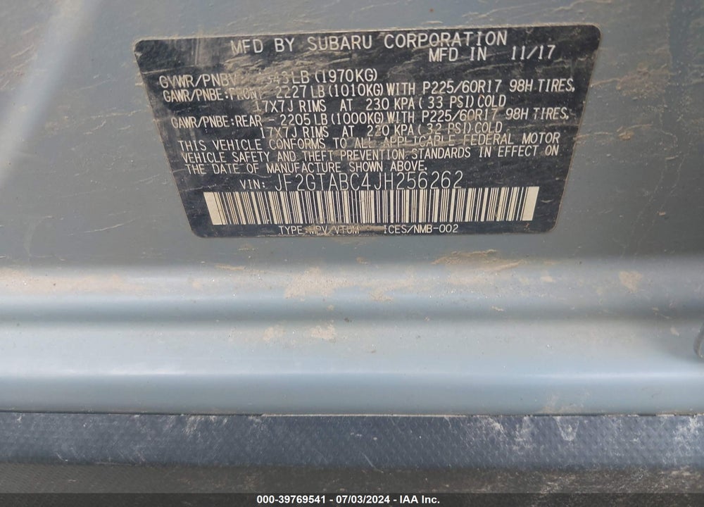 2018 SUBARU CROSSTREK 2.0I PREMIUM VIN: JF2GTABC4JH256262