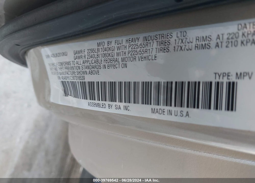 2008 SUBARU OUTBACK VIN: 4S4BP61C587316539