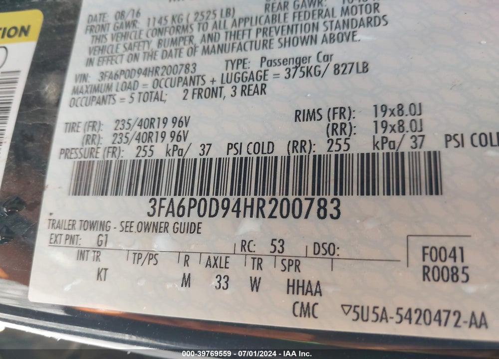 2017 FORD FUSION TITANIUM VIN: 3FA6P0D94HR200783