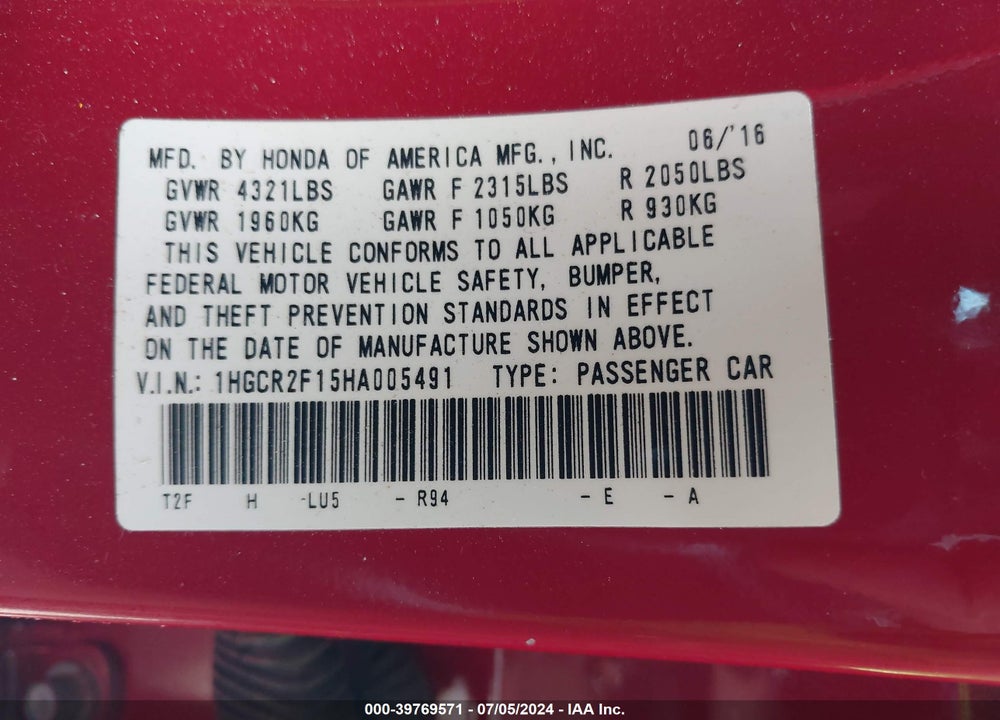 2017 HONDA ACCORD SPORT SE VIN: 1HGCR2F15HA005491