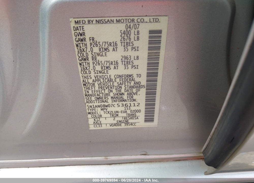 2007 NISSAN XTERRA OFF ROAD VIN: 5N1AN08W07C536112