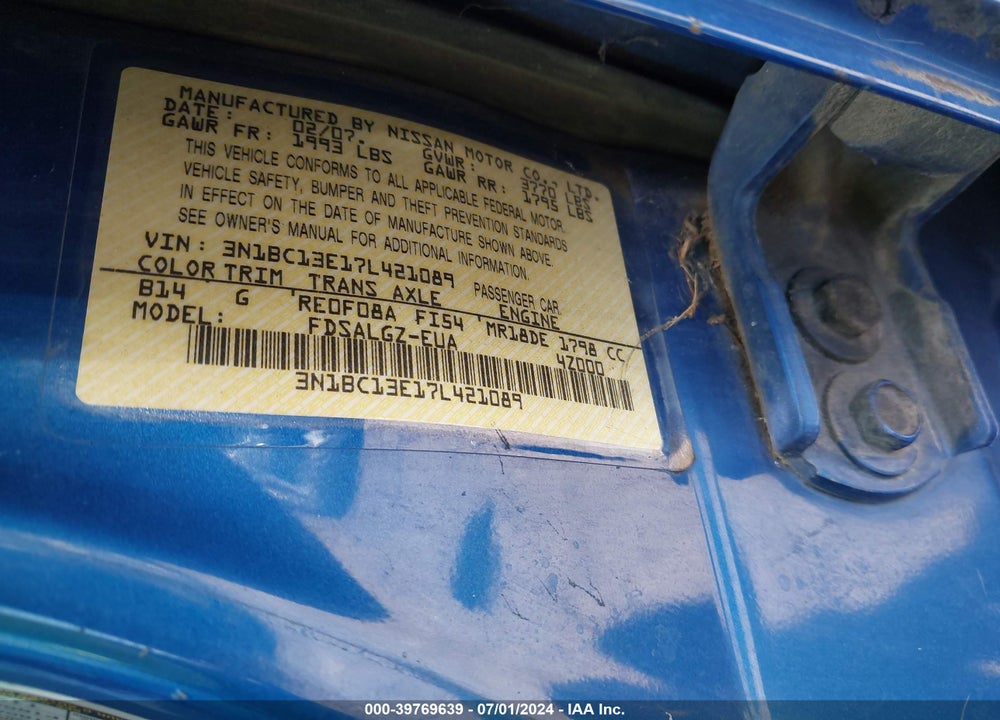 2007 NISSAN VERSA 1.8SL VIN: 3N1BC13E17L421089