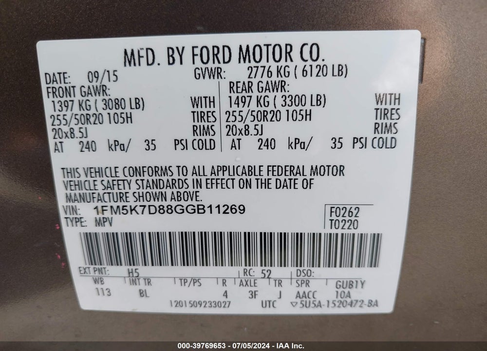 2016 FORD EXPLORER XLT VIN: 1FM5K7D88GGB11269