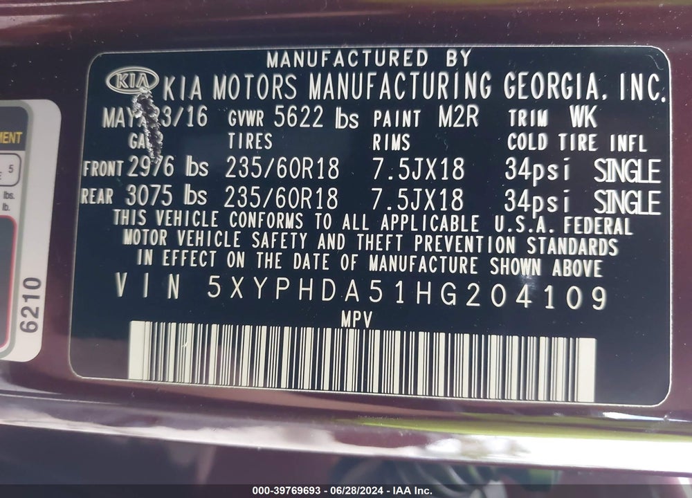 2017 KIA SORENTO 3.3L EX VIN: 5XYPHDA51HG204109