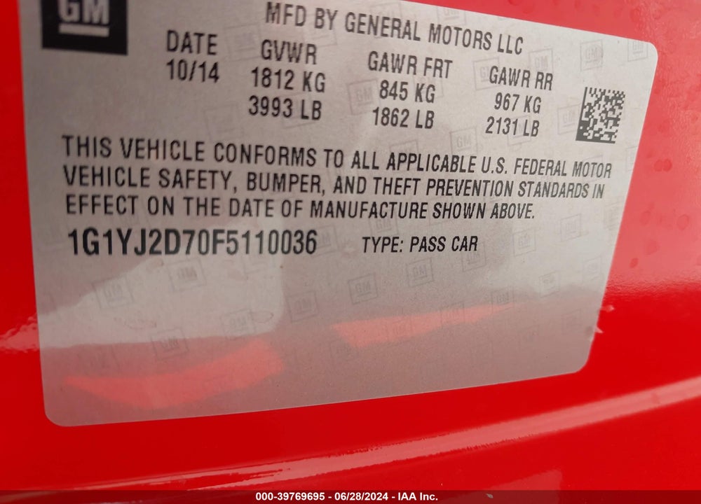 2015 CHEVROLET CORVETTE STINGRAY Z51 VIN: 1G1YJ2D70F5110036