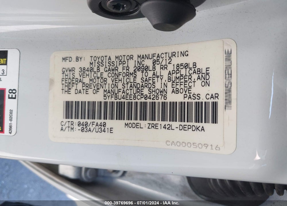 2012 TOYOTA COROLLA L VIN: 5YFBU4EE8CP042676
