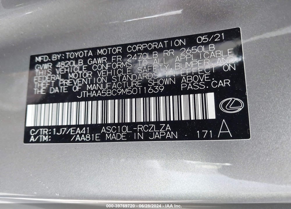 2021 LEXUS RC 300 VIN: JTHAA5BC9M5011639