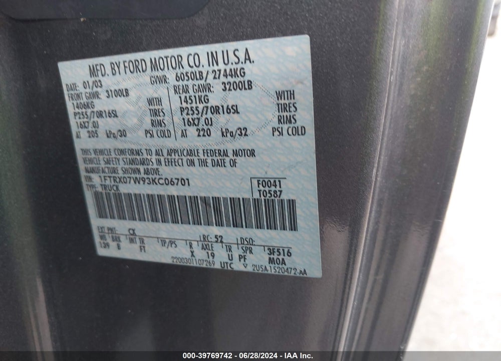2003 FORD F-150 LARIAT/XL/XLT VIN: 1FTRX07W93KC06701