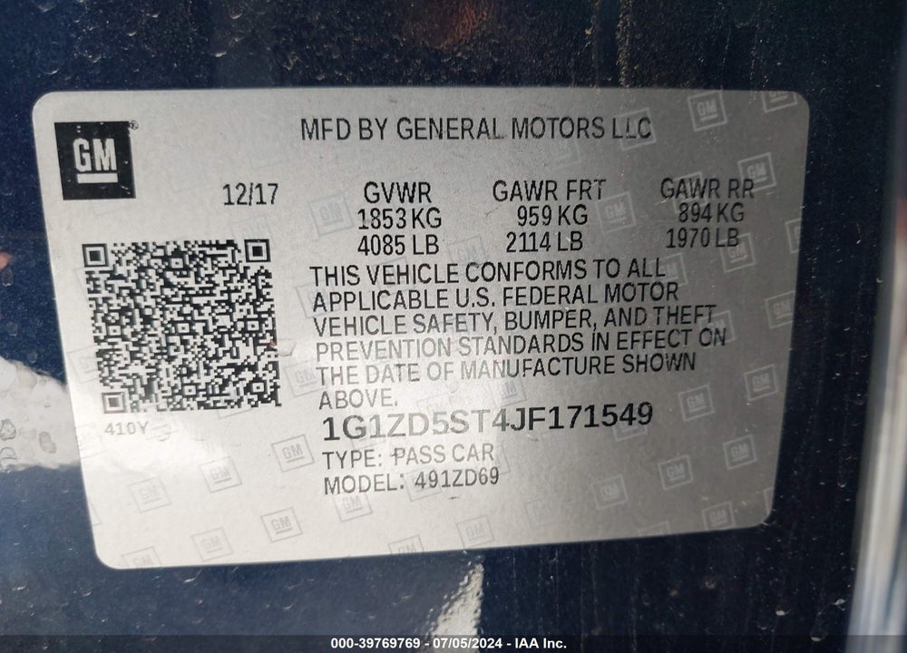 2018 CHEVROLET MALIBU LT VIN: 1G1ZD5ST4JF171549