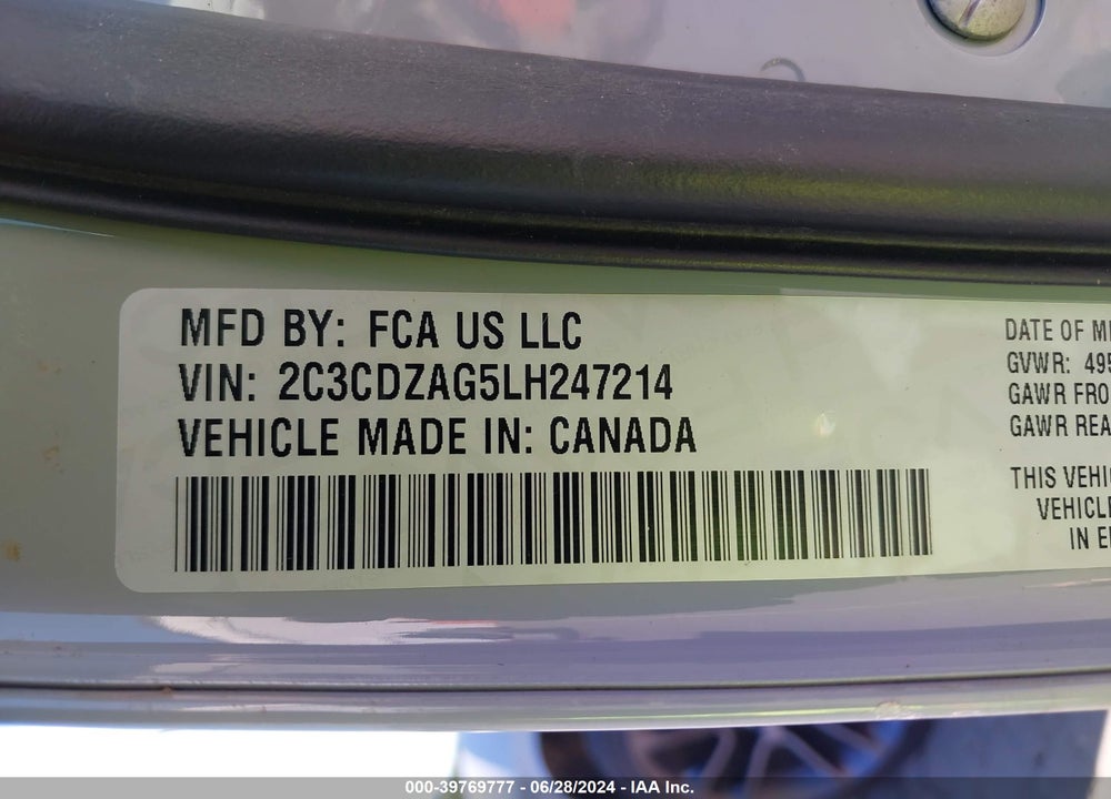 2020 DODGE CHALLENGER SXT VIN: 2C3CDZAG5LH247214