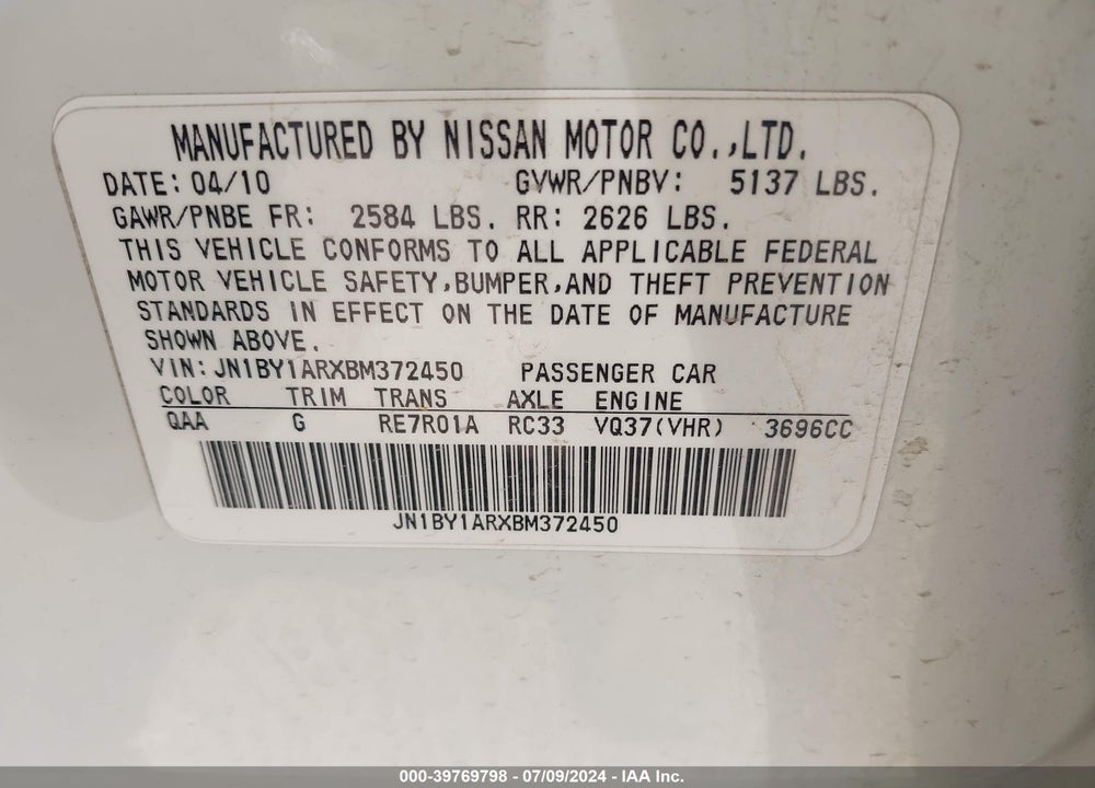 2011 INFINITI M37X VIN: JN1BY1ARXBM372450