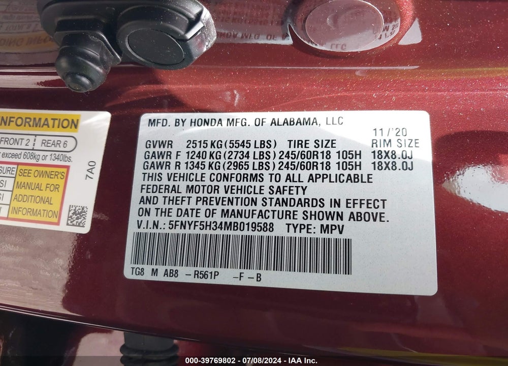 2021 HONDA PILOT 2WD EX VIN: 5FNYF5H34MB019588