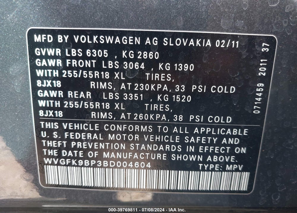 2011 VOLKSWAGEN TOUAREG TDI SPORT VIN: WVGFK9BP3BD004604