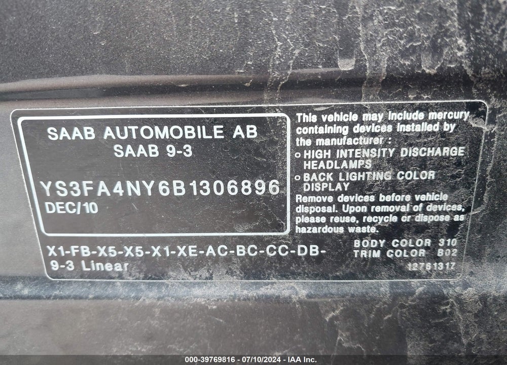 2011 SAAB 9-3 TURBO4 VIN: YS3FA4NY6B1306896