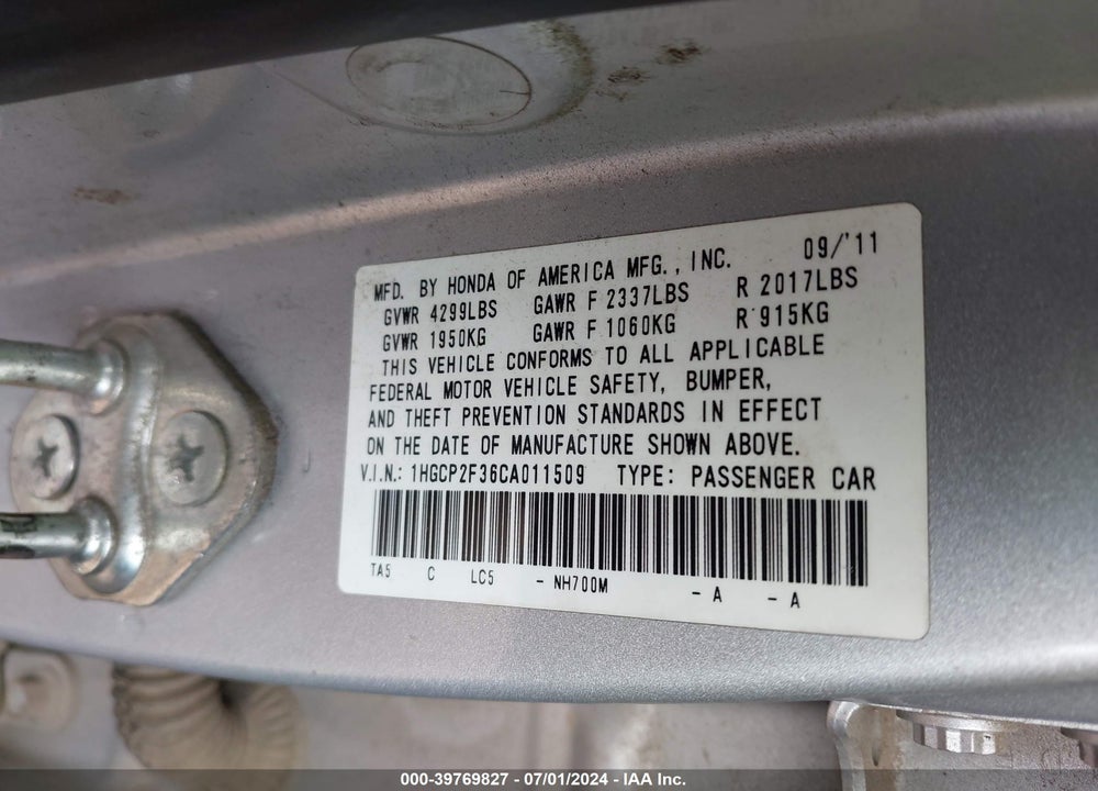 2012 HONDA ACCORD 2.4 LX VIN: 1HGCP2F36CA011509