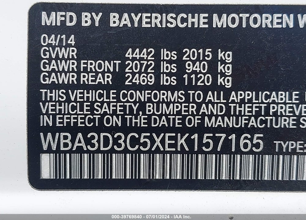 2014 BMW 328D VIN: WBA3D3C5XEK157165