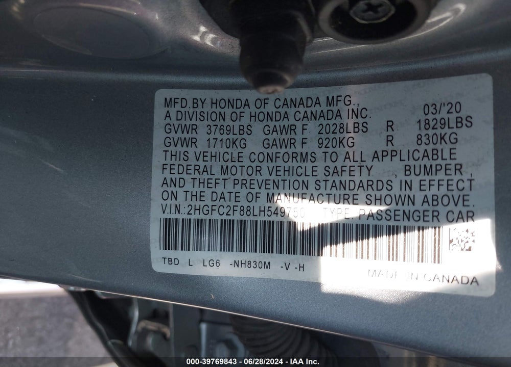 2020 HONDA CIVIC SPORT VIN: 2HGFC2F88LH549750