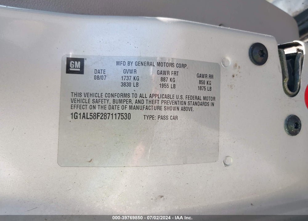 2008 CHEVROLET COBALT LT VIN: 1G1AL58F287117530