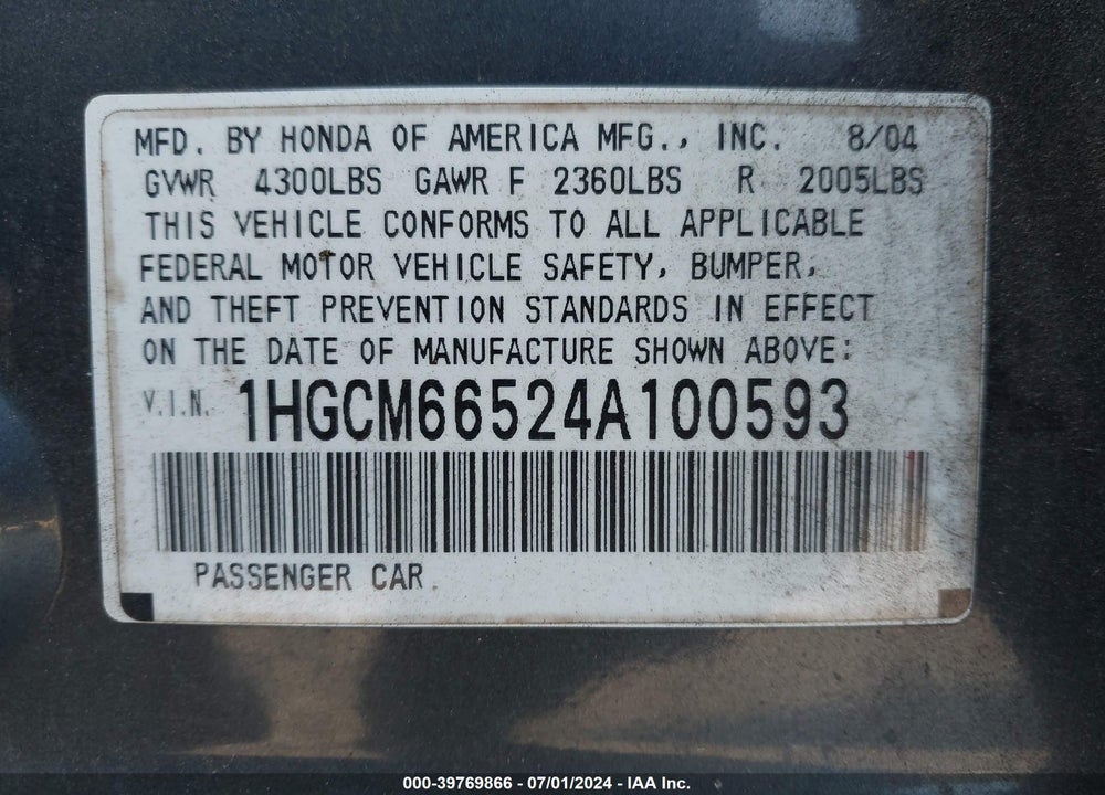 2004 HONDA ACCORD 3.0 EX VIN: 1HGCM66524A100593