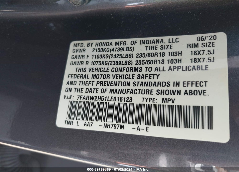 2020 HONDA CR-V AWD EX VIN: 7FARW2H51LE016123