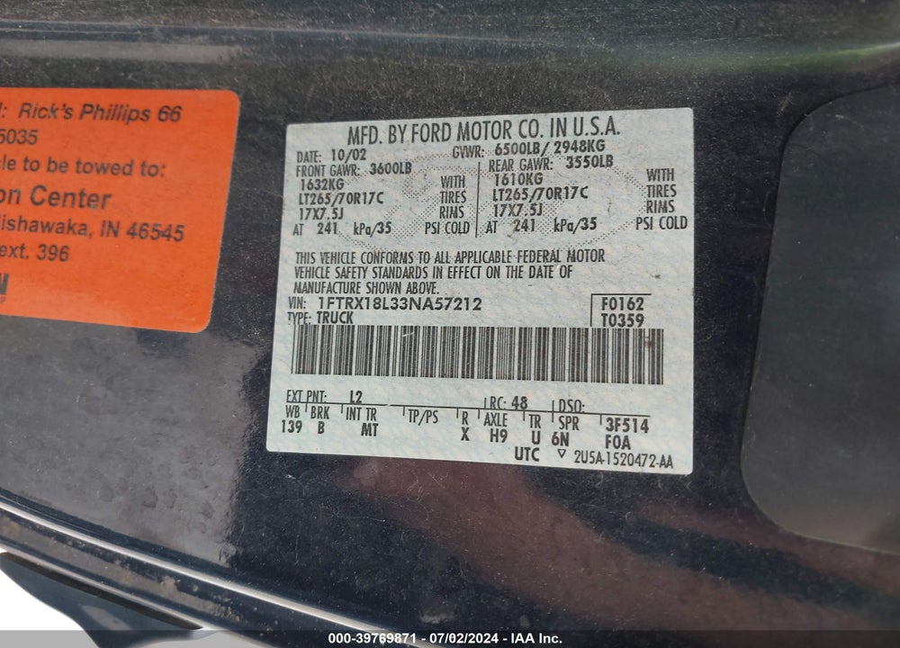 2003 FORD F-150 LARIAT/XL/XLT VIN: 1FTRX18L33NA57212