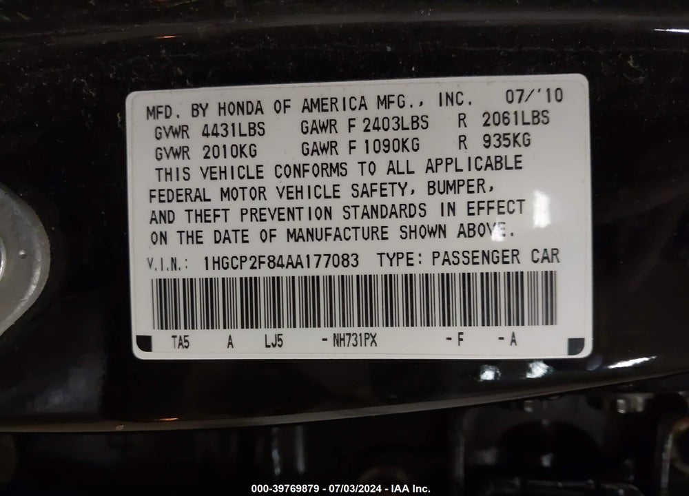 2010 HONDA ACCORD 2.4 EX-L VIN: 1HGCP2F84AA177083