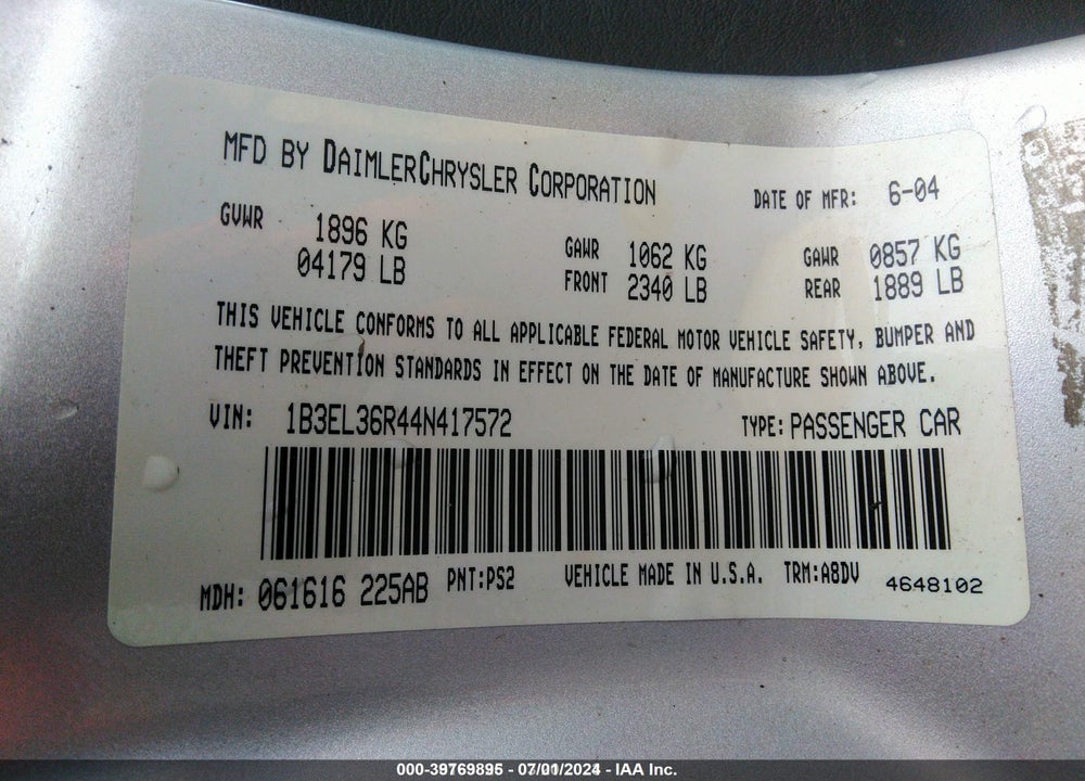 2004 DODGE STRATUS SE VIN: 1B3EL36R44N417572