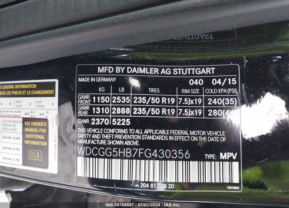 2015 MERCEDES-BENZ GLK 350 VIN: WDCGG5HB7FG430356