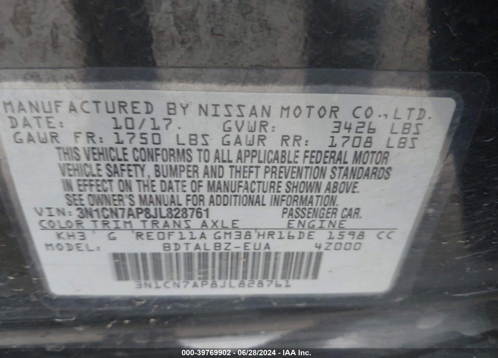 2018 NISSAN VERSA 1.6 SV VIN: 3N1CN7AP8JL828761