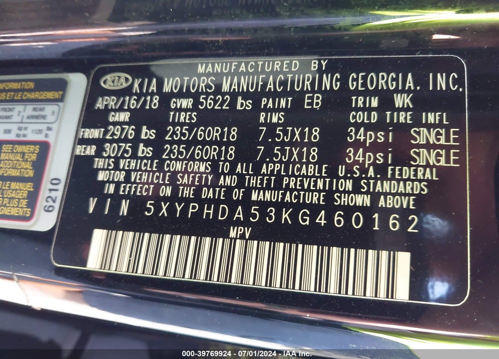 2019 KIA SORENTO 3.3L EX VIN: 5XYPHDA53KG460162