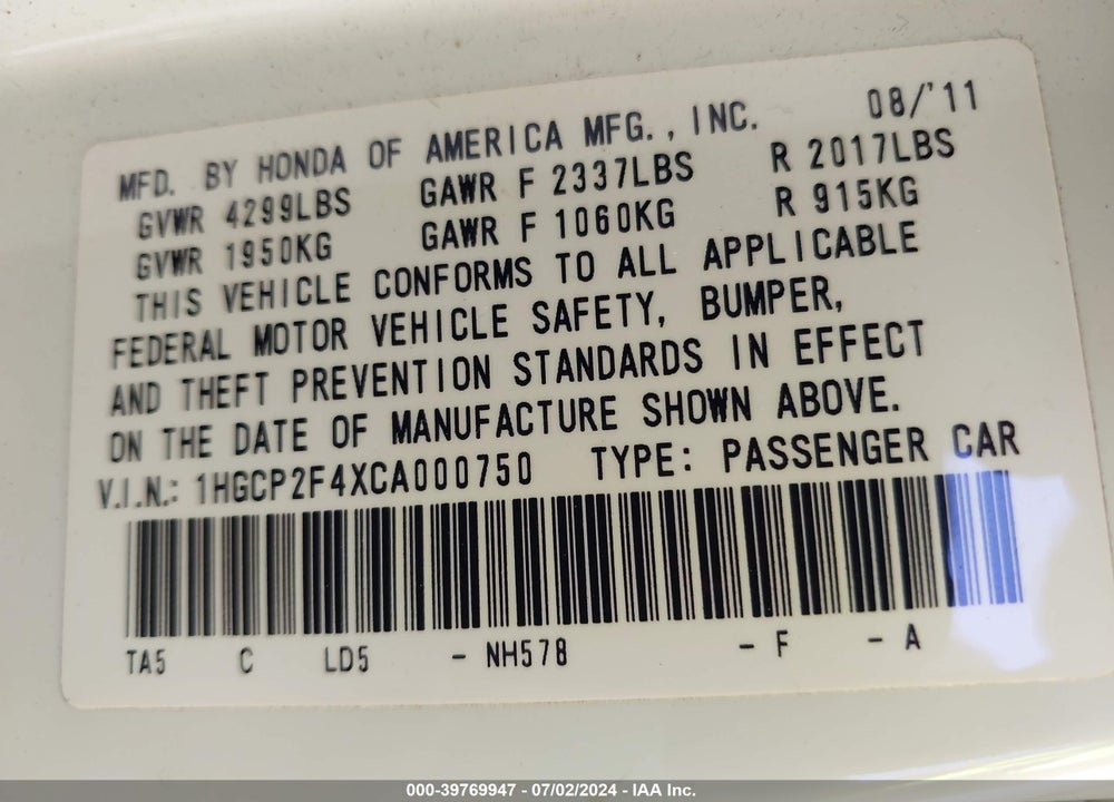 2012 HONDA ACCORD 2.4 LX-P VIN: 1HGCP2F4XCA000750