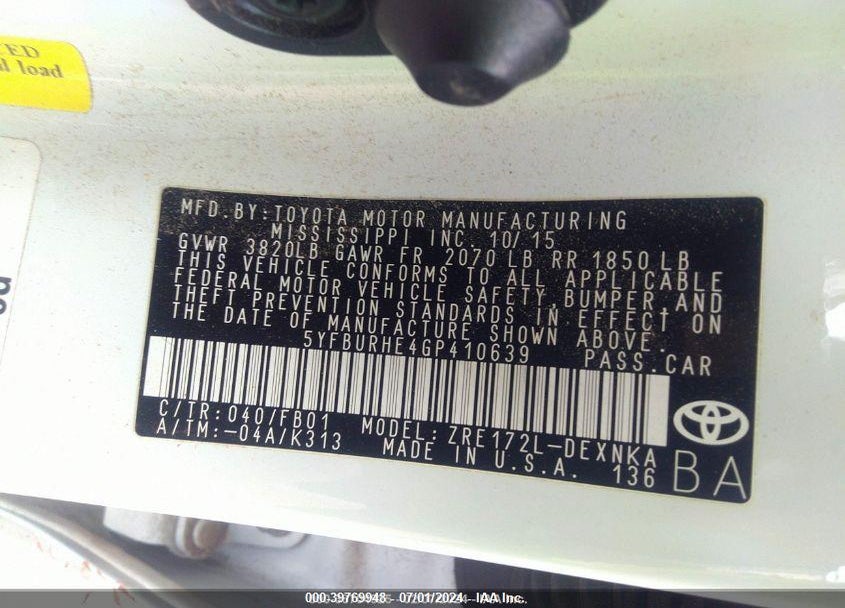 2016 TOYOTA COROLLA LE VIN: 5YFBURHE4GP410639