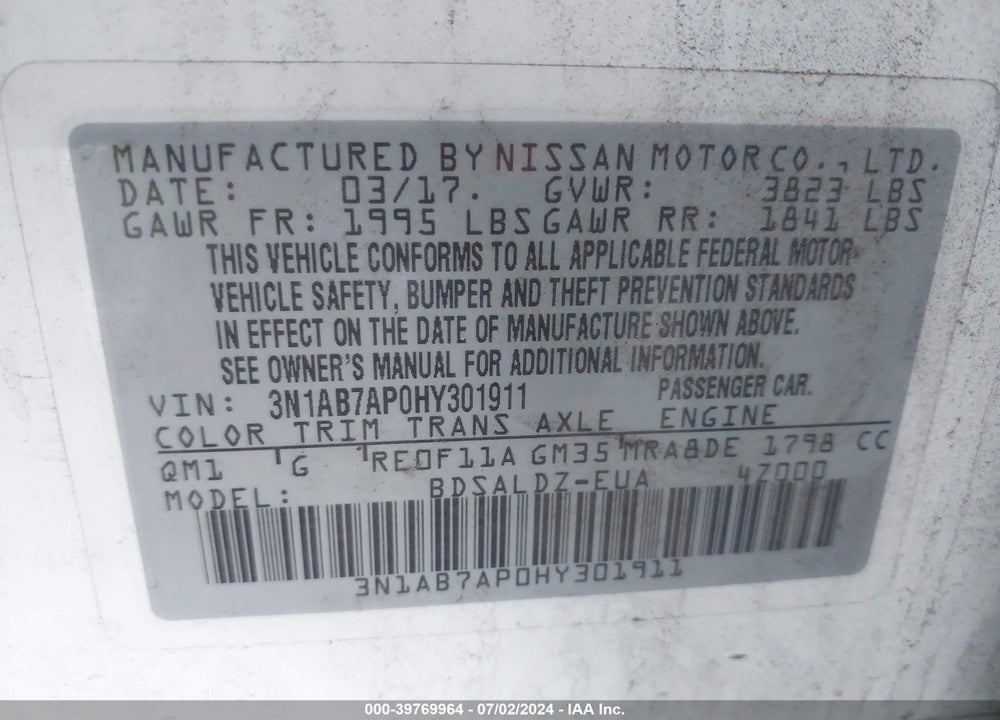 2017 NISSAN SENTRA SV VIN: 3N1AB7AP0HY301911