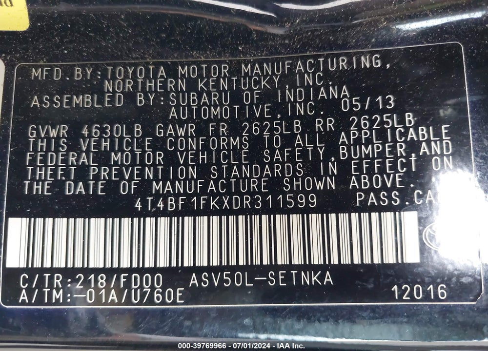 2013 TOYOTA CAMRY LE VIN: 4T4BF1FKXDR311599