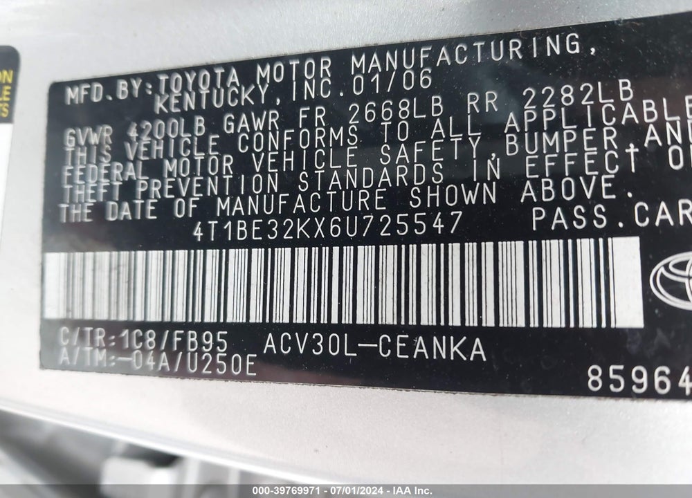 2006 TOYOTA CAMRY LE VIN: 4T1BE32KX6U725547
