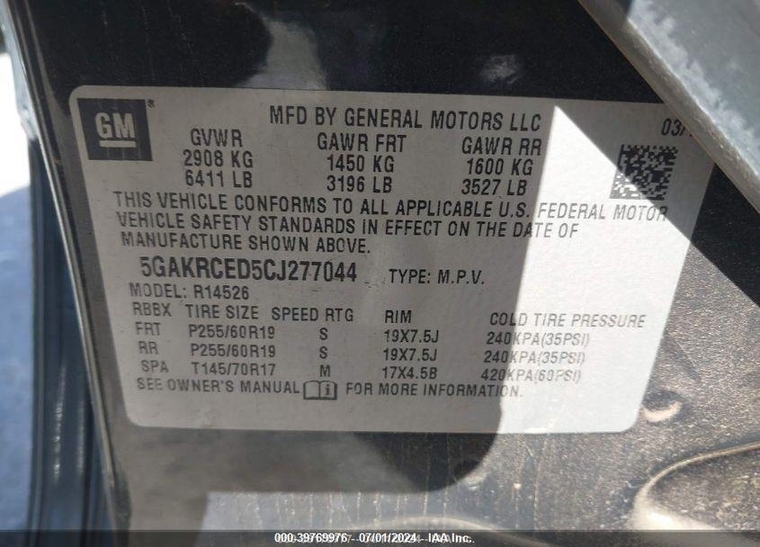 2012 BUICK ENCLAVE LEATHER VIN: 5GAKRCED5CJ277044