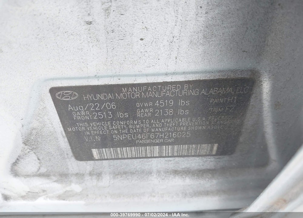 2007 HYUNDAI SONATA LIMITED/SE V6 VIN: 5NPEU46F67H216025