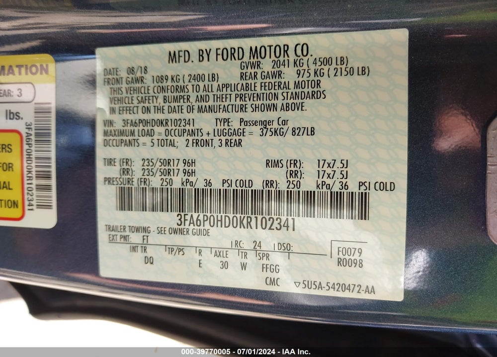 2019 FORD FUSION SE VIN: 3FA6P0HD0KR102341