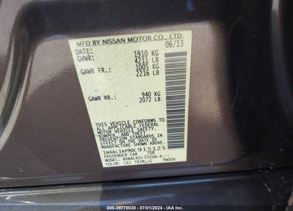2013 NISSAN ALTIMA 2.5 S VIN: 1N4AL3AP9DC915125